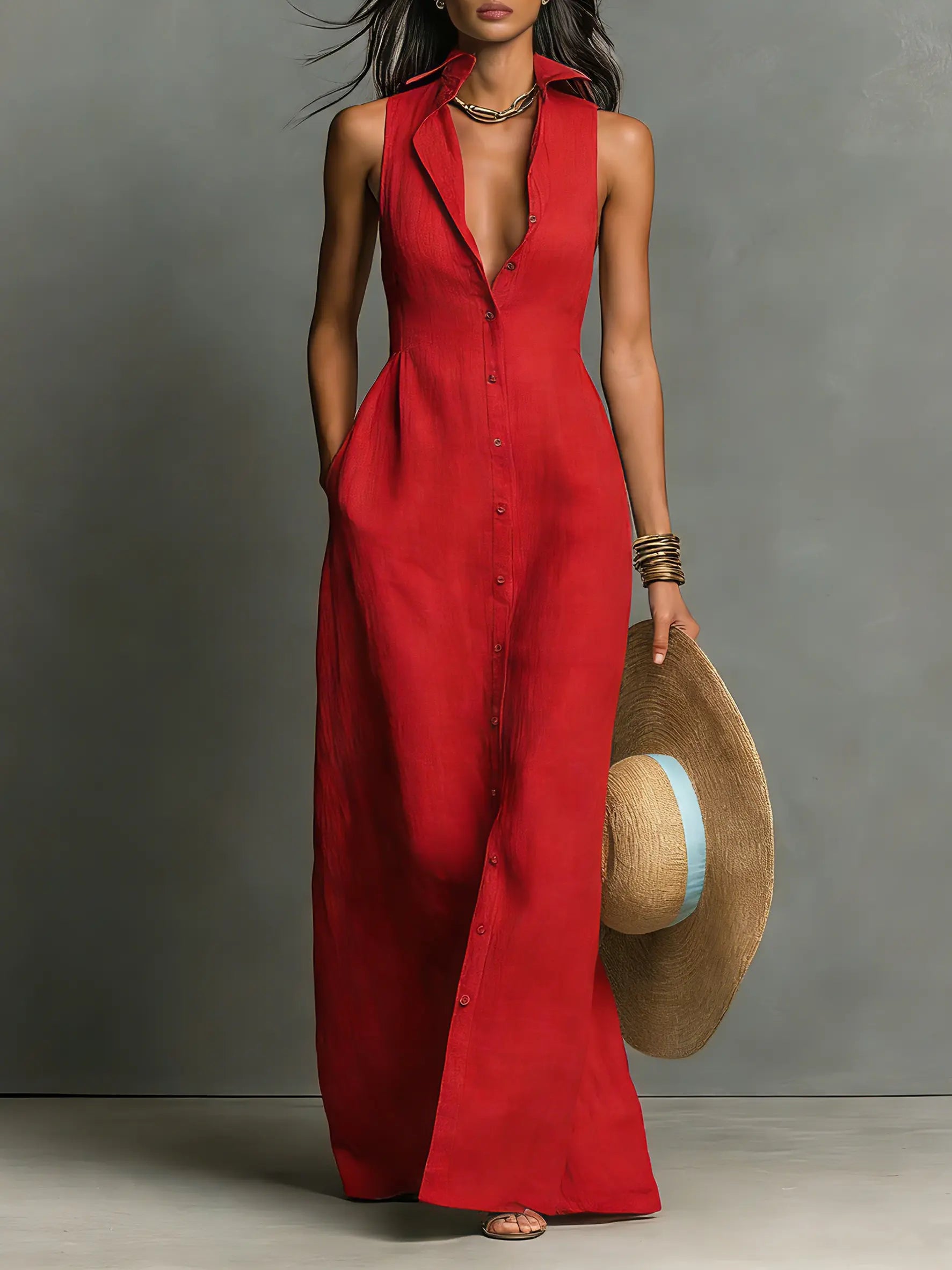 Claudette | Women's Minimalist Linen-Blend Collared Single-Breasted Sleeveless Maxi Shirt Dress oaklynwear