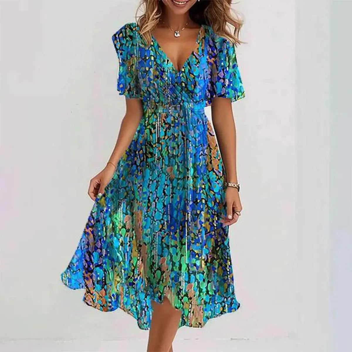 Oaklyn Ditsy Floral Chiffon Midi Dress – Wrap V-Neck Flutter Sleeve Tie Waist Elegant Style oaklynwear