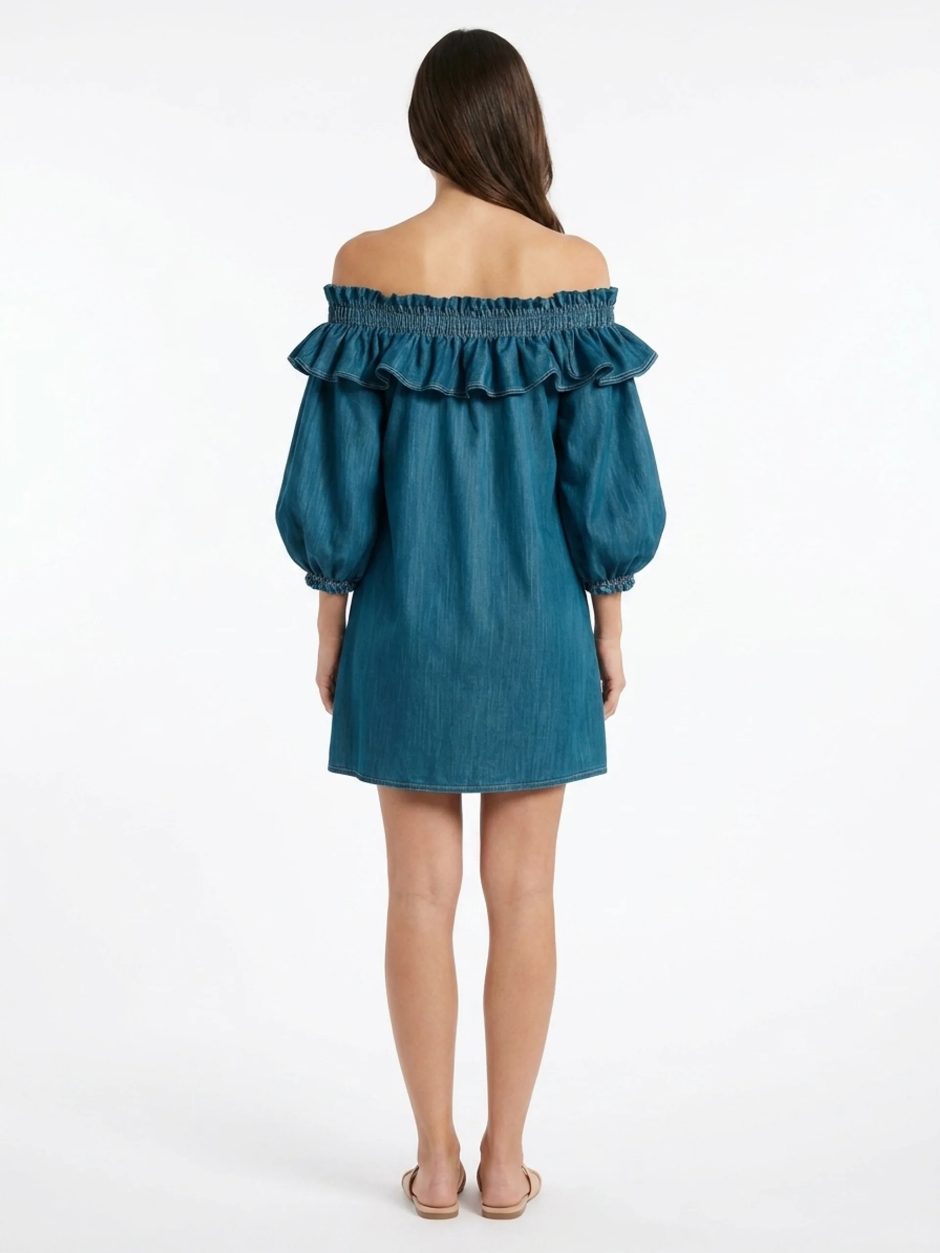 Billie | Off-Shoulder Ruffle Sleeve Denim Mini Dress oaklynwear