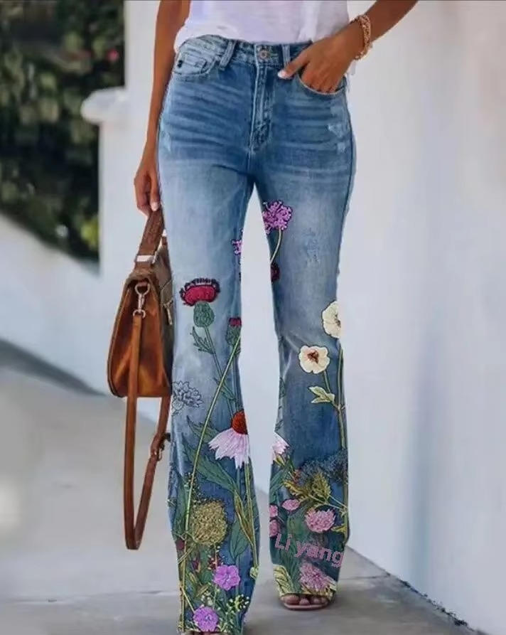Meadow | Women's Floral Print High Waist Flare Jeans oaklynwear