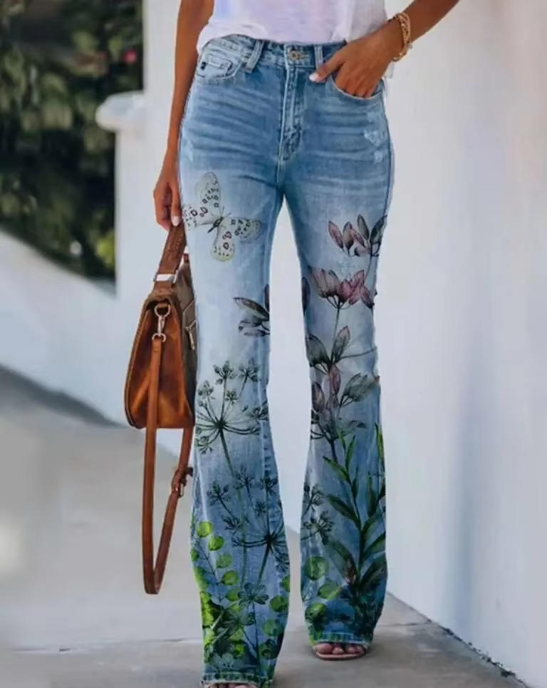Meadow | Women's Floral Print High Waist Flare Jeans oaklynwear
