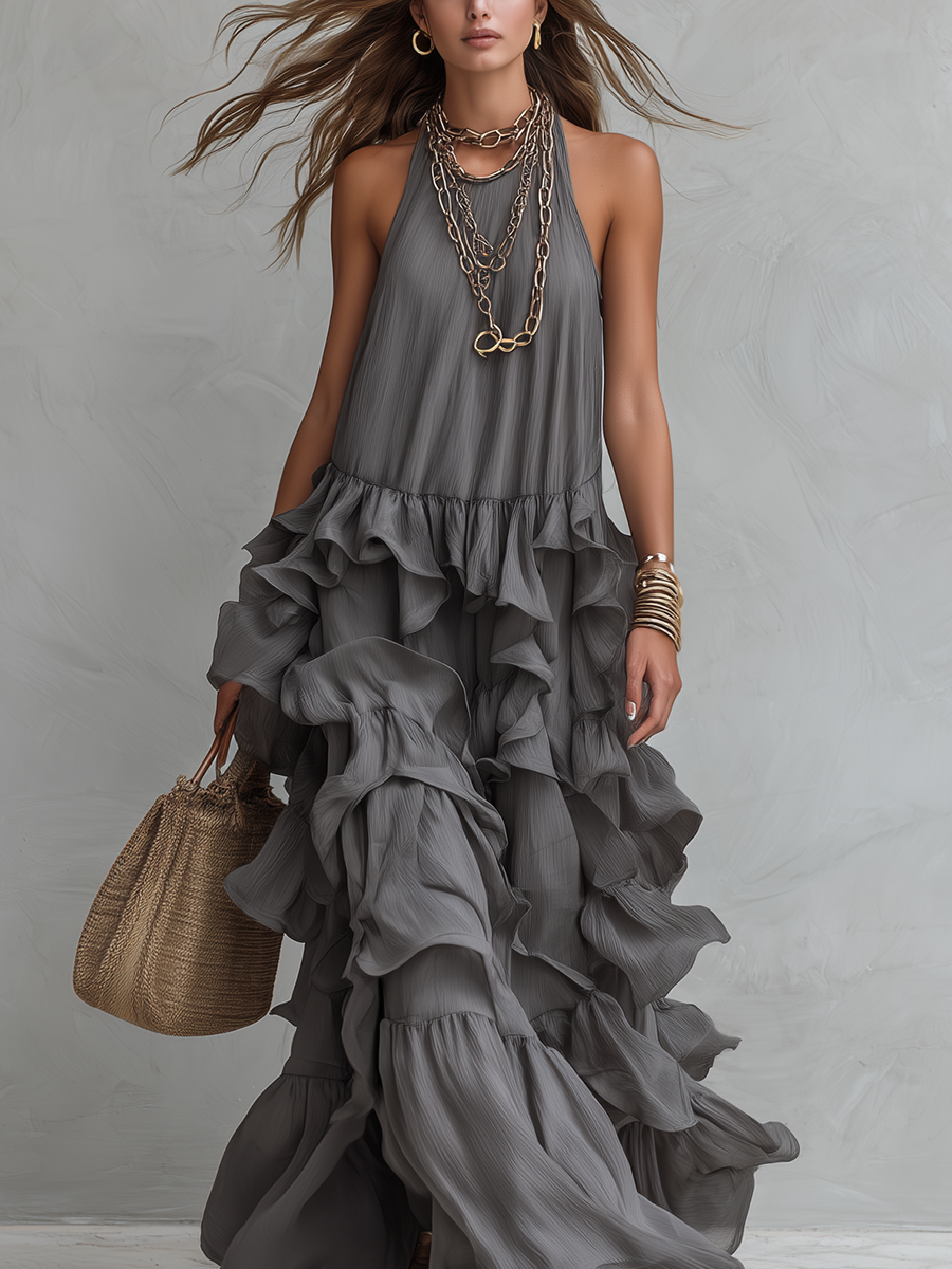 Giselle | Layered Ruffle Grey Maxi Dress oaklynwear