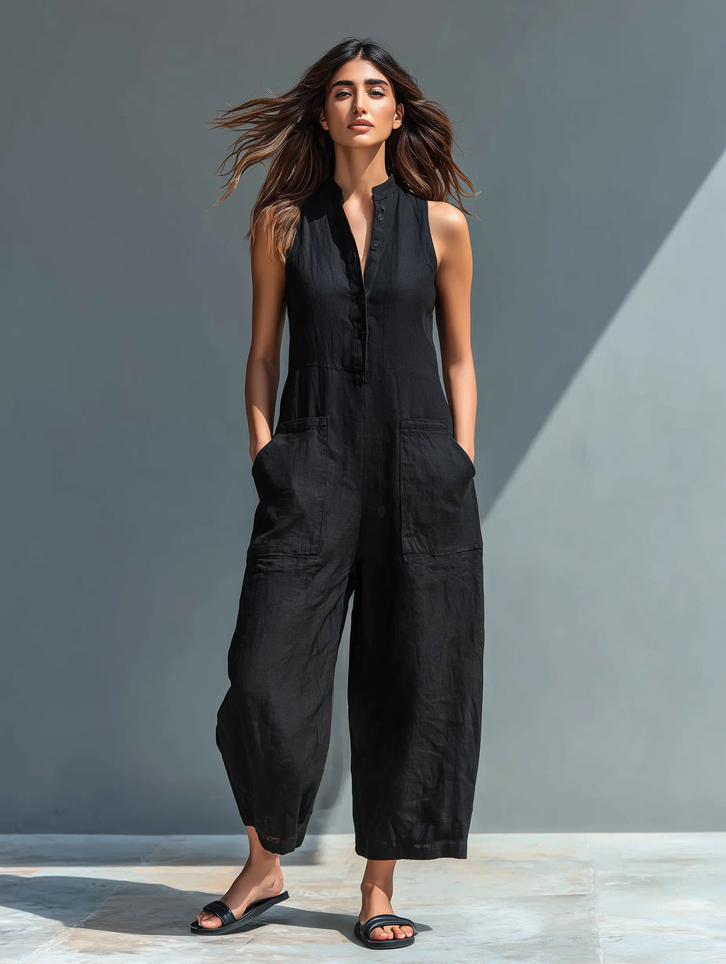 Jodie | Women's Minimalist Linen Blend Button-Up Stand-Collar Sleeveless Loose Jumpsuit oaklynwear