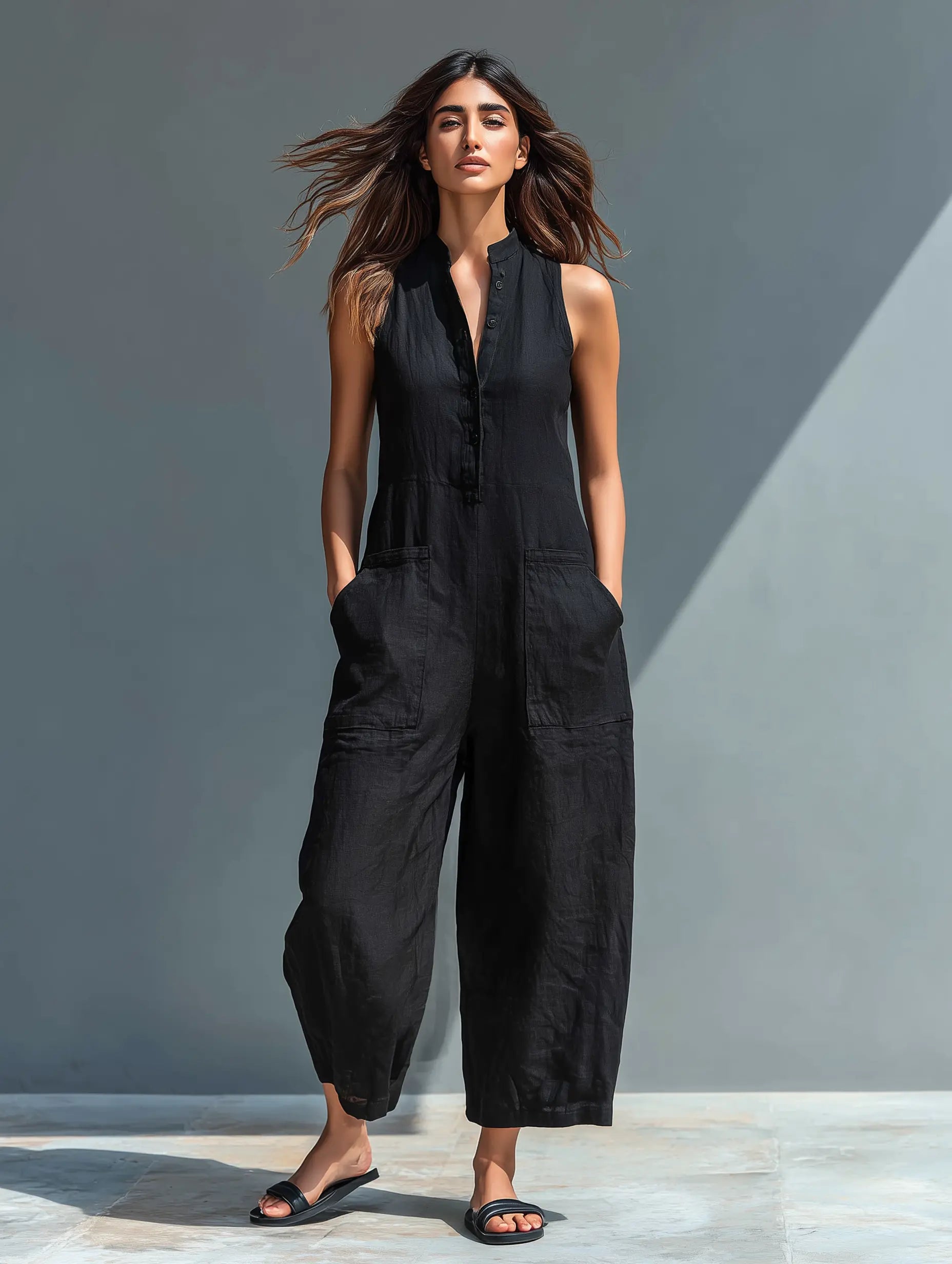 Jodie | Women's Minimalist Linen Blend Button-Up Stand-Collar Sleeveless Loose Jumpsuit oaklynwear