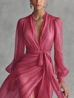 Rosalie | Women's Elegant Rose Pink Pearl Chiffon V-Neck Tie-Waist Long Dress oaklynwear