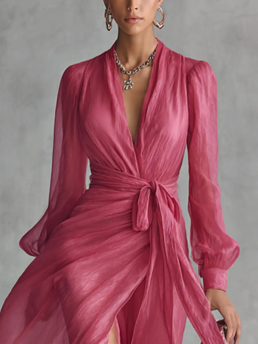 Rosalie | Women's Elegant Rose Pink Pearl Chiffon V-Neck Tie-Waist Long Dress oaklynwear
