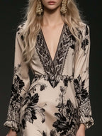 Elegant Bohemian Satin Maxi Dress for Women – V-Neck Tassel Dress with Ruffle Cuffs oaklynwear