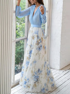 Oaklyn Two-Tone Floral Chiffon Maxi Dress – Deep V-Neck Bishop Sleeve Formal Elegant Style oaklynwear