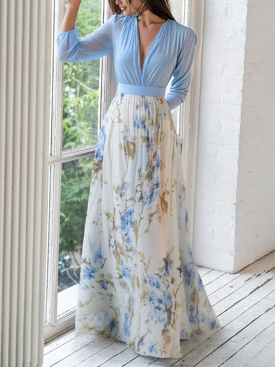Oaklyn Two-Tone Floral Chiffon Maxi Dress – Deep V-Neck Bishop Sleeve Formal Elegant Style oaklynwear