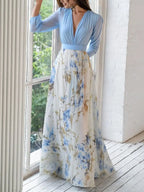 Oaklyn Two-Tone Floral Chiffon Maxi Dress – Deep V-Neck Bishop Sleeve Formal Elegant Style oaklynwear