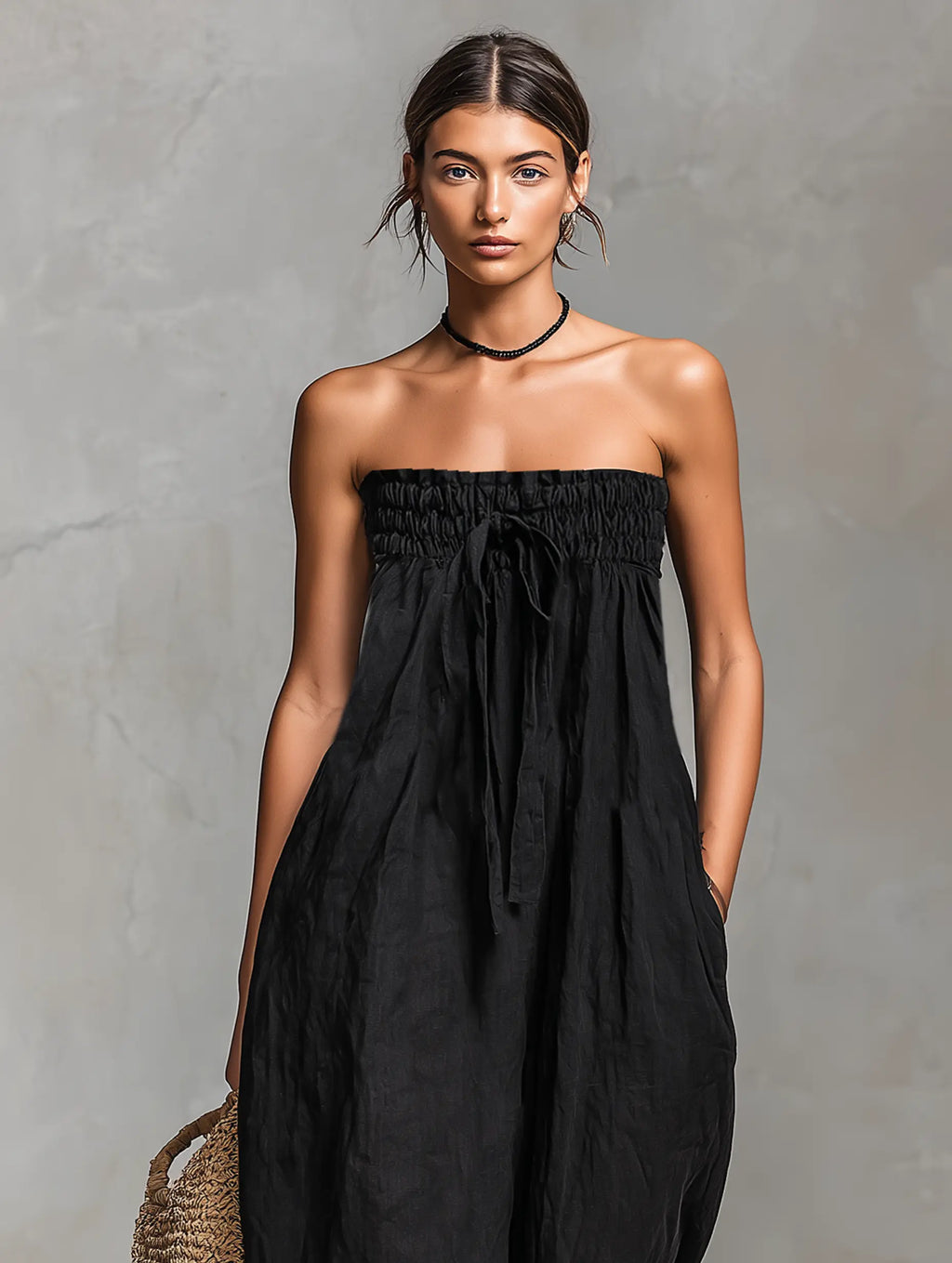 Greta | Women's Minimalist Loose-Fitting Linen Blend Strapless Jumpsuit With Tie Closure oaklynwear
