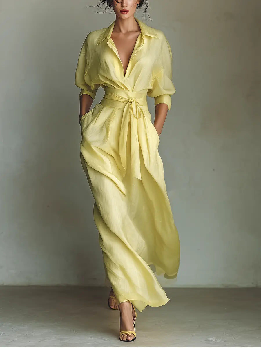 Goldie | Women's Lemon Yellow Cotton And Linen Blend Maxi Shirt Dress With Tie Waist & Half Sleeves oaklynwear