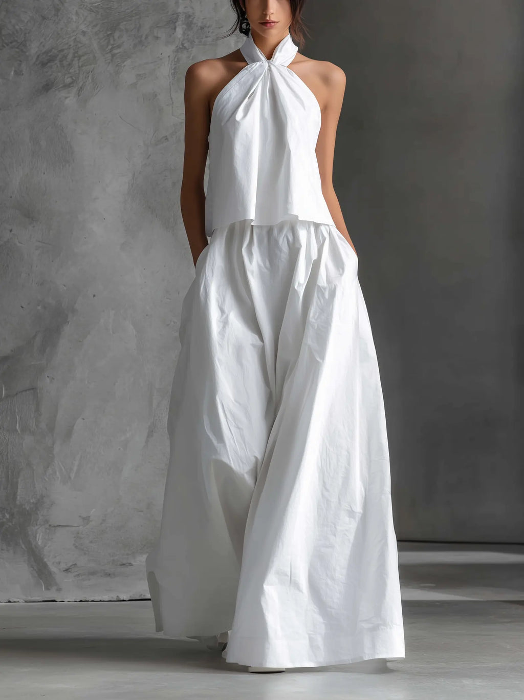 Daisy | Women's Casual White Cotton and Linen Halter-Neck Sleeveless Top and Skirt Set oaklynwear