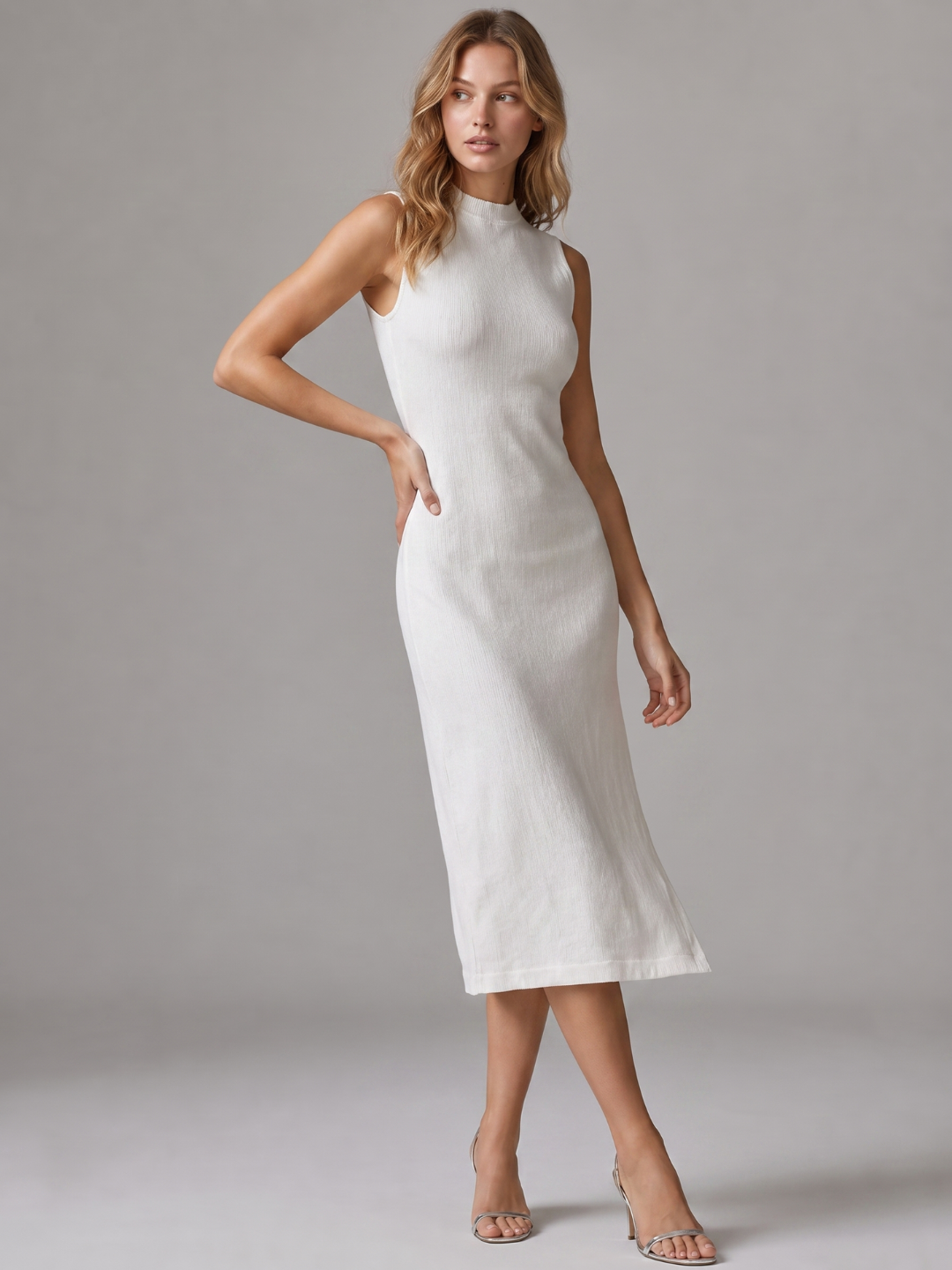 Vera | Stand Collar Split Hem Linen Midi Dress oaklynwear
