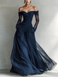 Adriana | Women's Elegant Dark Blue Chiffon Organza Off-Shoulder Long-Sleeved Fitted Maxi Dress oaklynwear