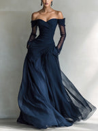 Adriana | Women's Elegant Dark Blue Chiffon Organza Off-Shoulder Long-Sleeved Fitted Maxi Dress oaklynwear