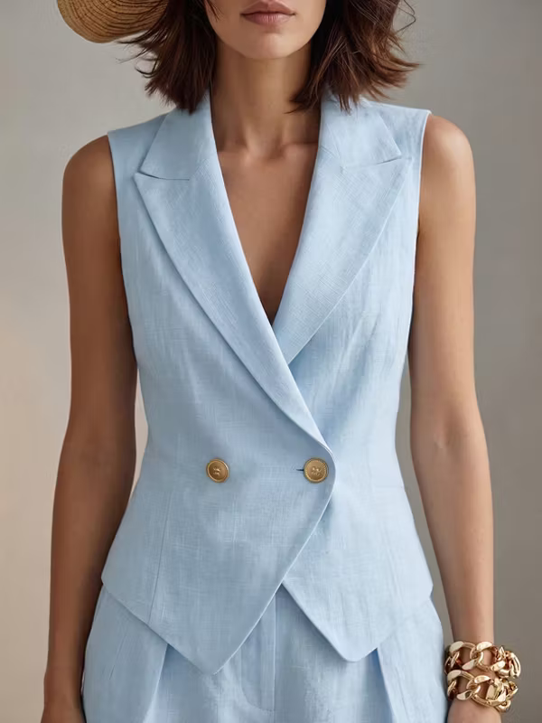 Azure | Linen Double-Breasted Vest Shorts Set oaklynwear
