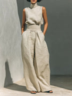 Phoebe | Women's Minimalist Cotton And Linen Blend Sleeveless Blouse And Wide-Leg Pants Set oaklynwear