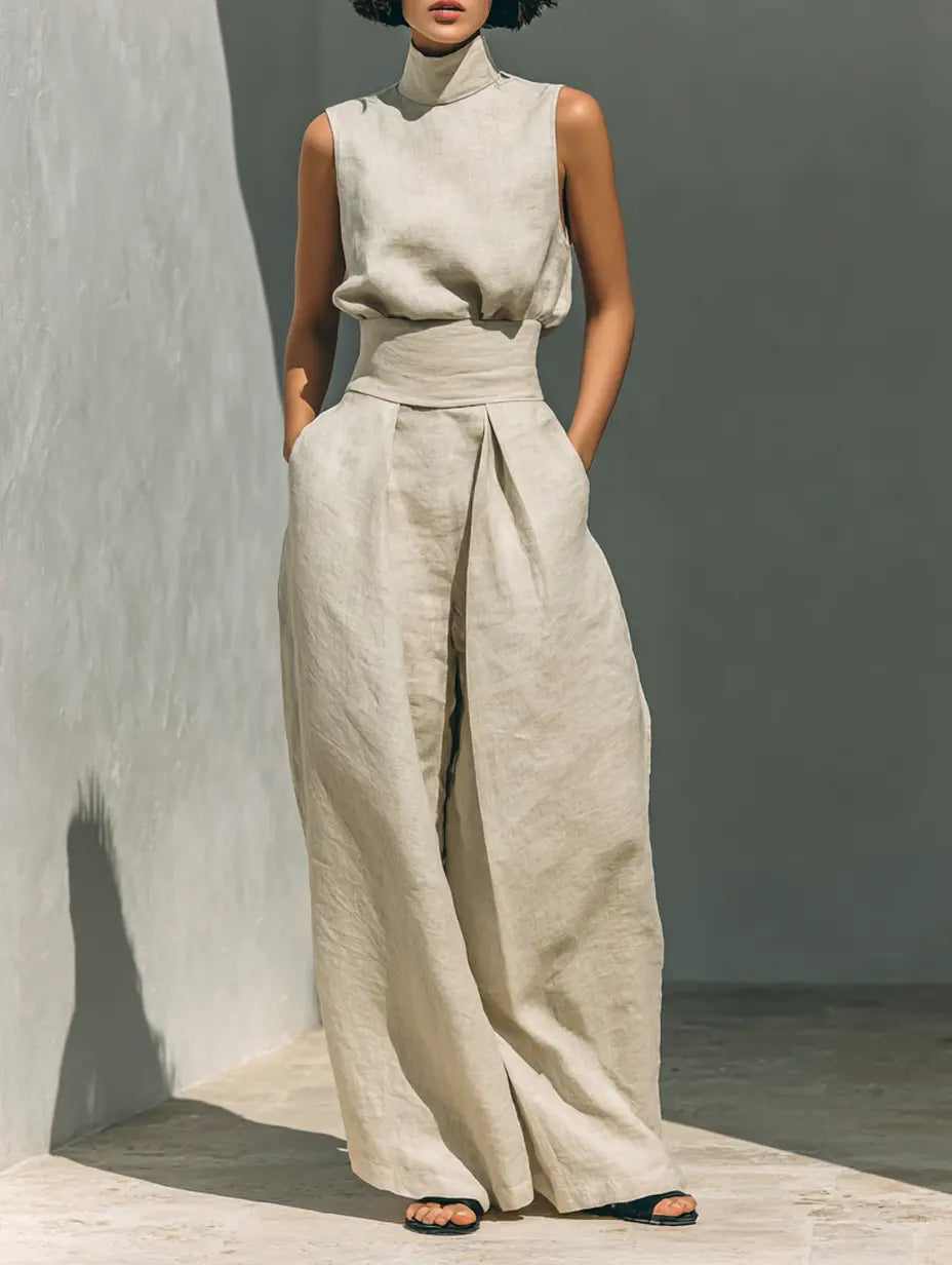 Phoebe | Women's Minimalist Cotton And Linen Blend Sleeveless Blouse And Wide-Leg Pants Set oaklynwear
