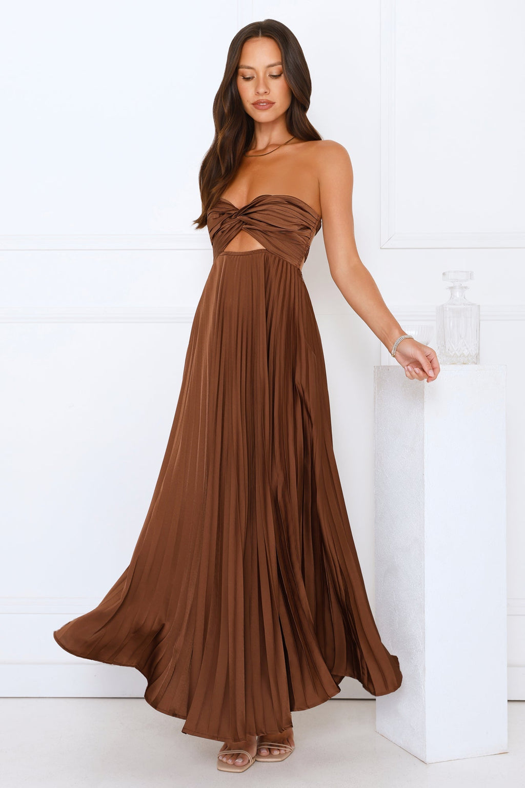 Vibes Are Priceless Strapless Satin Pleated Maxi Dress Brown oaklynwear