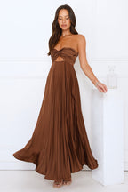 Vibes Are Priceless Strapless Satin Pleated Maxi Dress Brown oaklynwear