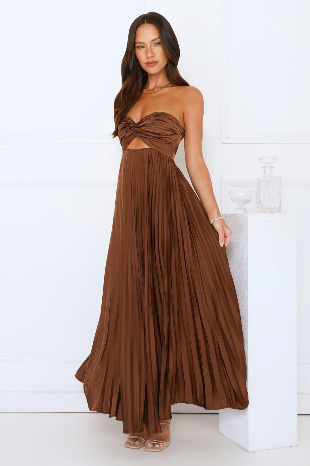Vibes Are Priceless Strapless Satin Pleated Maxi Dress Brown oaklynwear