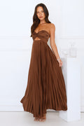 Vibes Are Priceless Strapless Satin Pleated Maxi Dress Brown oaklynwear
