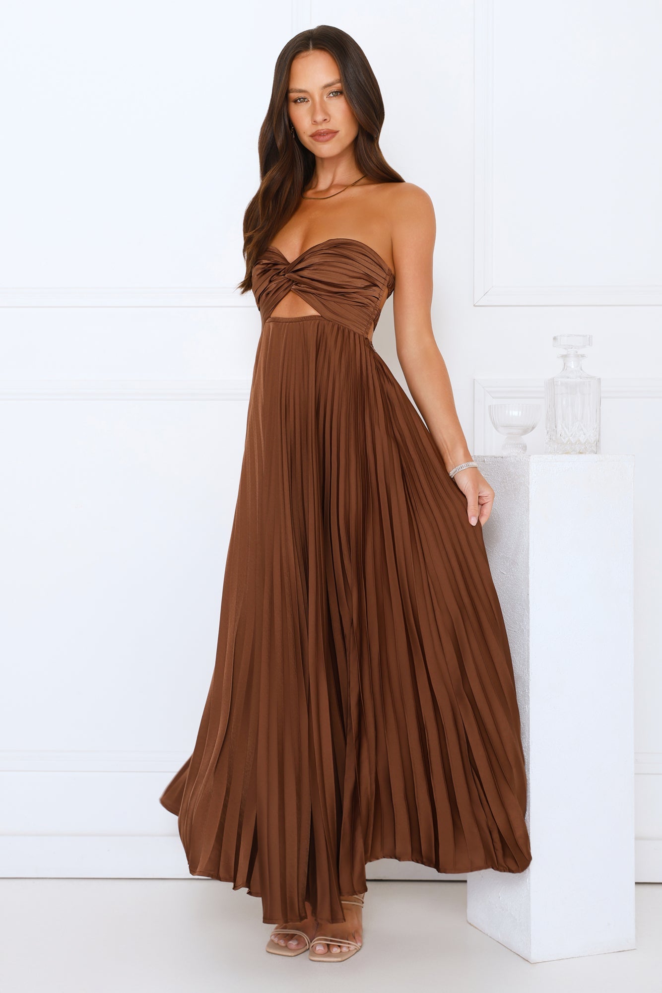 Vibes Are Priceless Strapless Satin Pleated Maxi Dress Brown oaklynwear