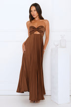 Vibes Are Priceless Strapless Satin Pleated Maxi Dress Brown oaklynwear