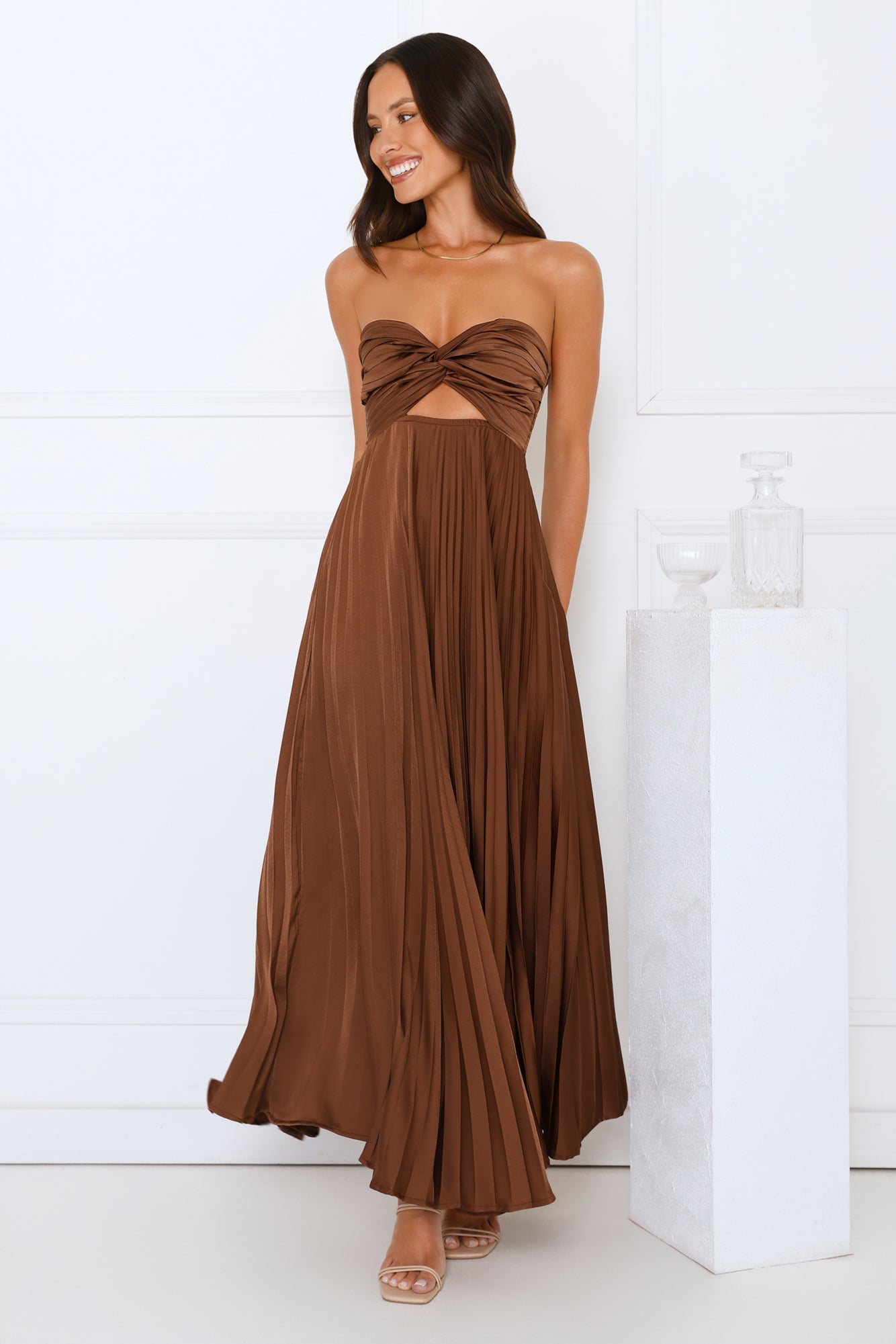 Vibes Are Priceless Strapless Satin Pleated Maxi Dress Brown oaklynwear