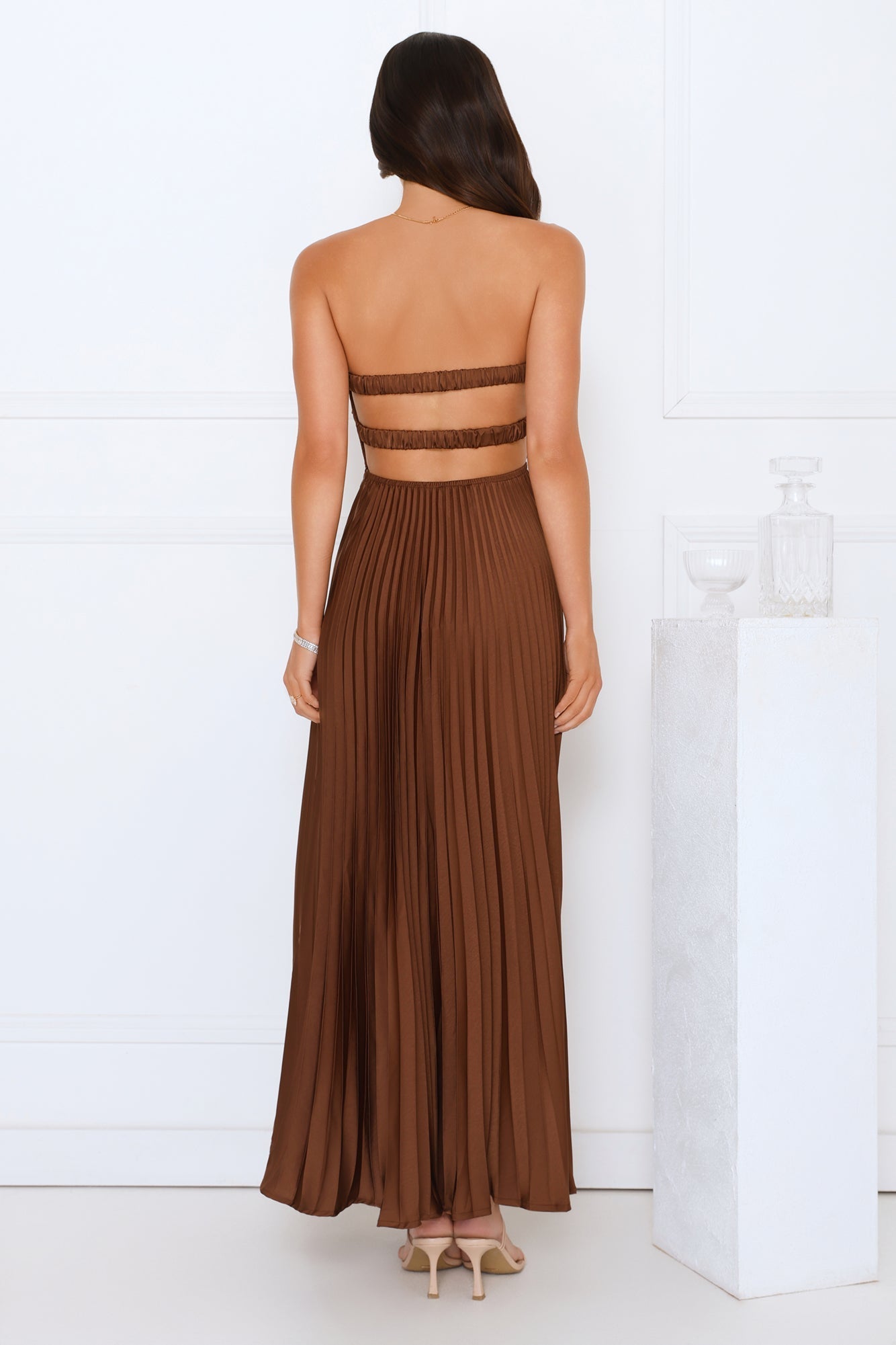Vibes Are Priceless Strapless Satin Pleated Maxi Dress Brown oaklynwear