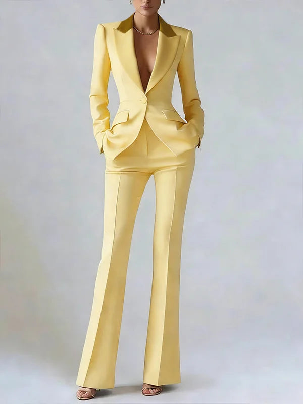 Solid Color Blocked Satin Lapel Blazer Trousers 2-Piece Suit oaklynwear