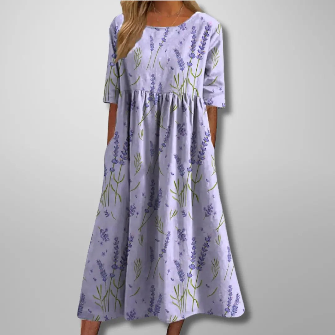 Oaklyn Floral Relaxed Midi Dress – Round Neck Elbow Sleeve Everyday Style oaklynwear