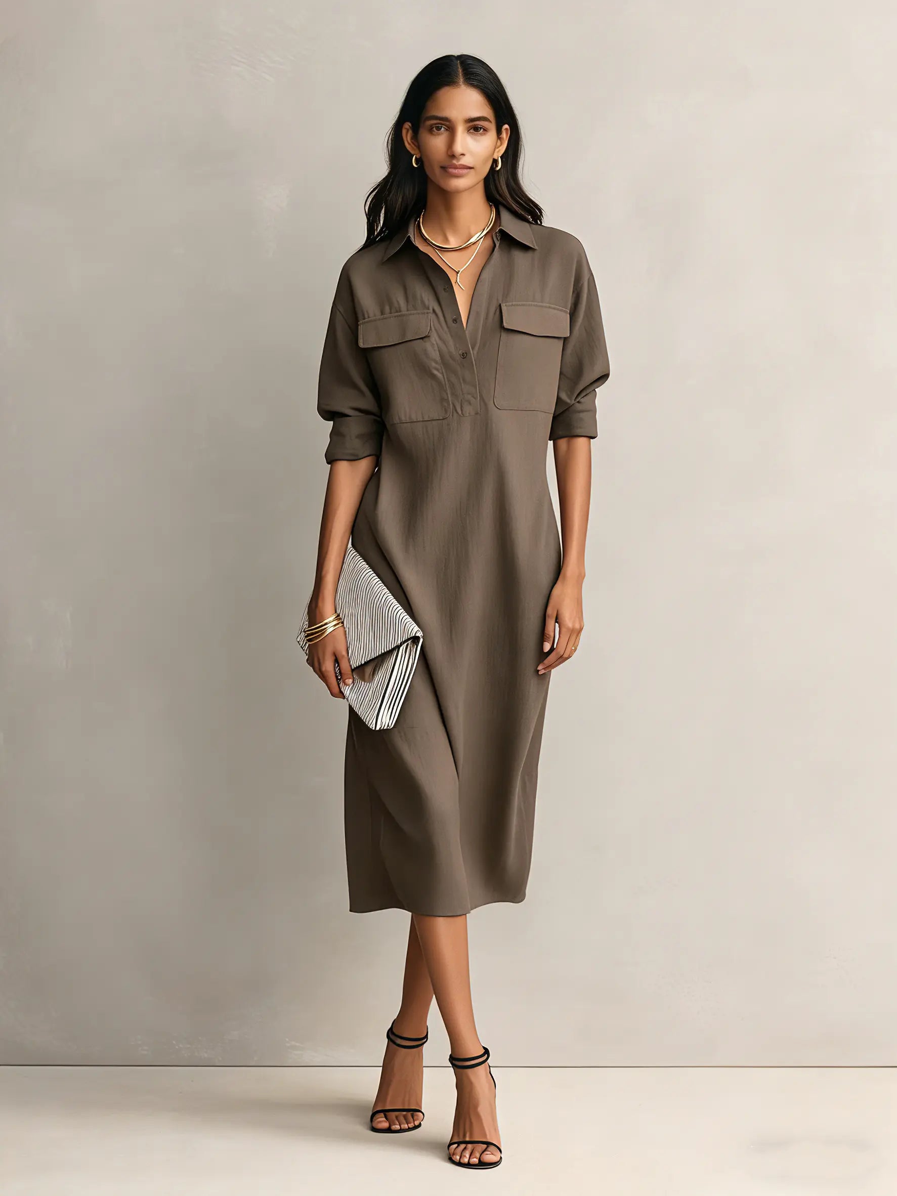 Frances | Women's Elegant Black Cotton-Linen Blend Shirt Collar Short-Sleeved Midi Dress oaklynwear