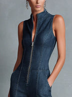 Roxanne | Women's Retro Style Dark Blue Denim Sleeveless High-Neck Flared Jumpsuit With Front Zipper oaklynwear