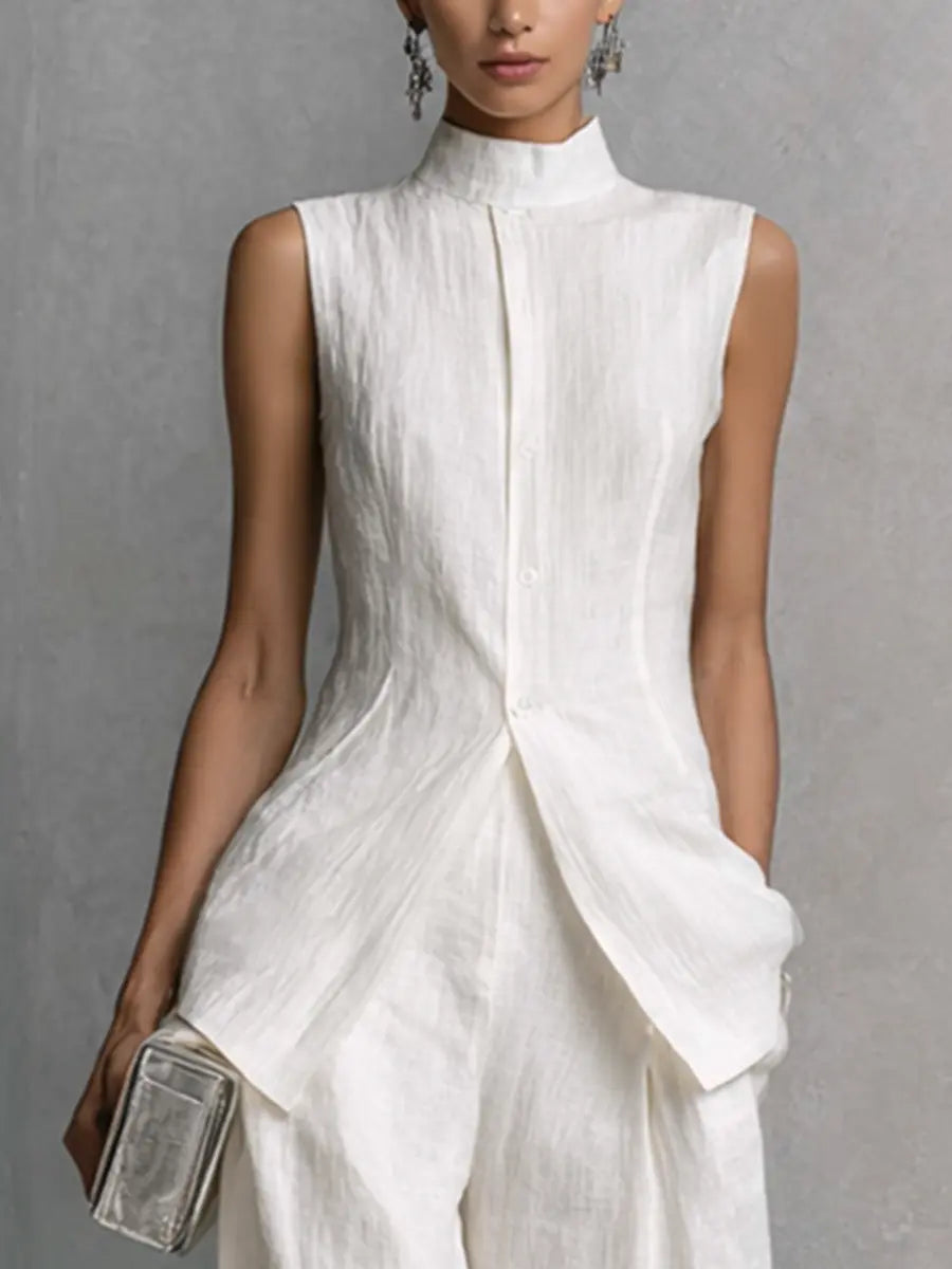 Grace | Women's Elegant White Cotton Linen Sleeveless Top and Wide-Leg Pants Set oaklynwear