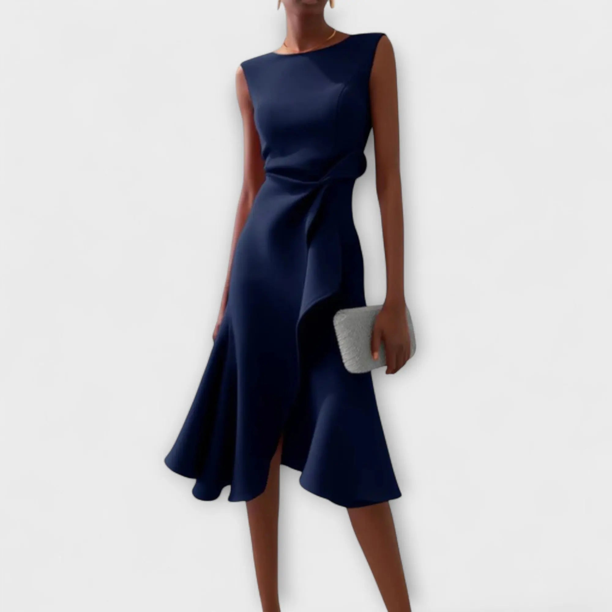 Oaklyn Asymmetric Ruffle Midi Dress – Boat Neck Sleeveless Formal Elegance oaklynwear