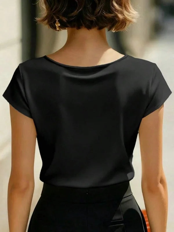 Elegant Satin Wrap V-Neck Short-Sleeve Shirt oaklynwear