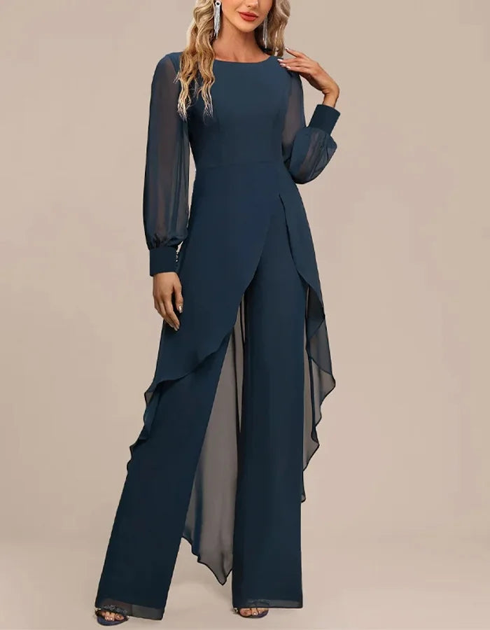 Graceful Navy Chiffon Jumpsuit with Sheer Sleeves and Draped Overlay oaklynwear