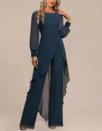 Graceful Navy Chiffon Jumpsuit with Sheer Sleeves and Draped Overlay oaklynwear