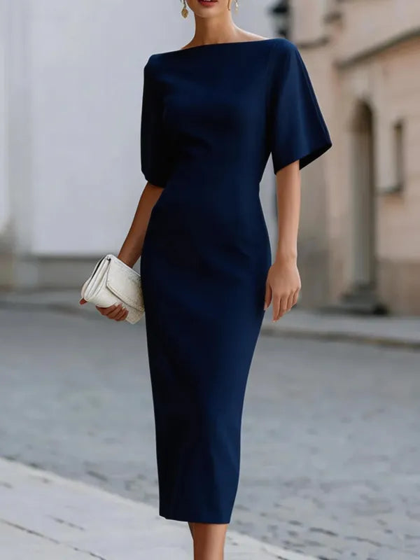 Boat Neck Midi-length Fitted Dress oaklynwear