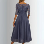 Oaklyn Lace Tea Length Dress – Round Neck Elbow Sleeve Formal Elegance oaklynwear