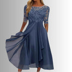 Oaklyn Lace Tea Length Dress – Round Neck Elbow Sleeve Formal Elegance oaklynwear