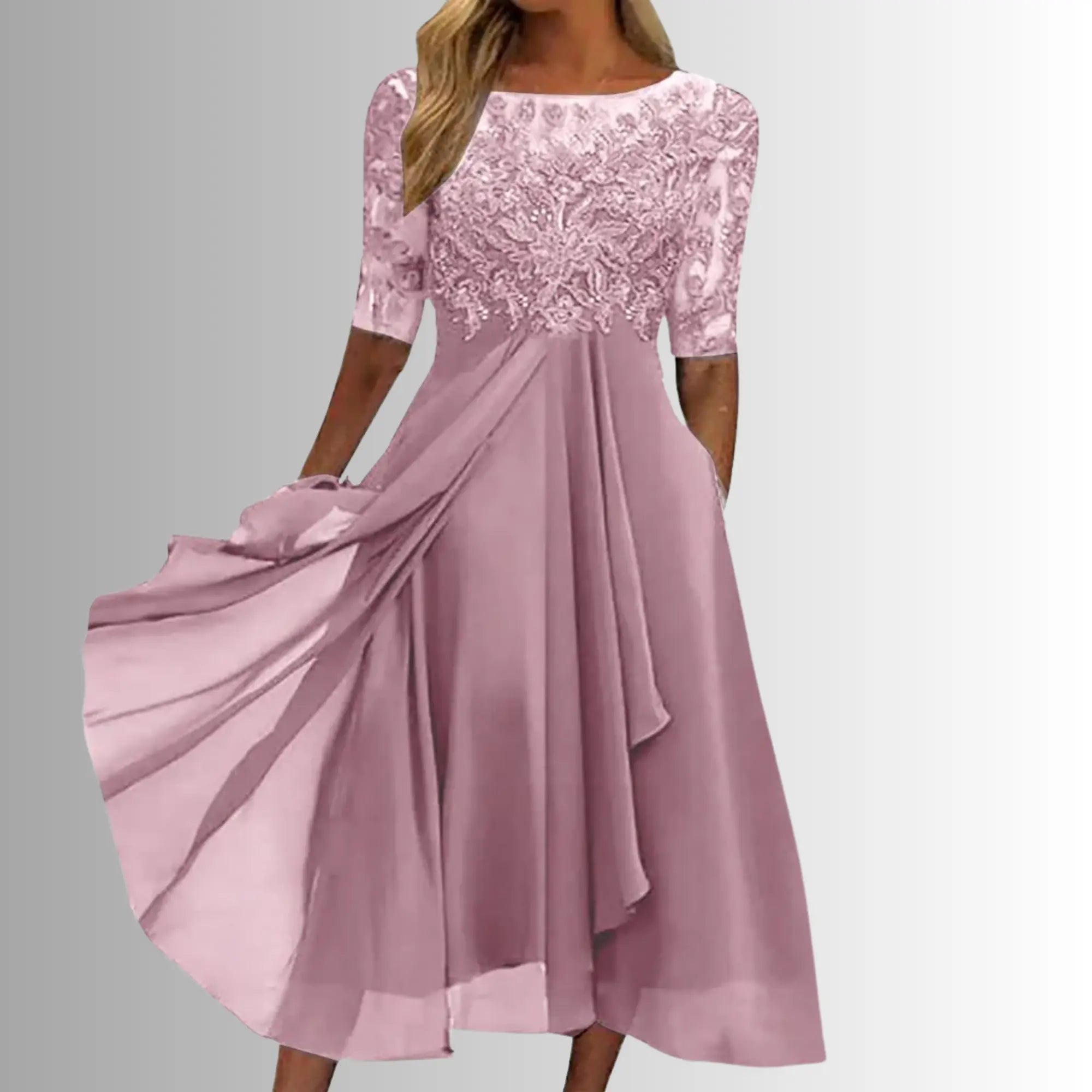 Oaklyn Lace Tea Length Dress – Round Neck Elbow Sleeve Formal Elegance oaklynwear