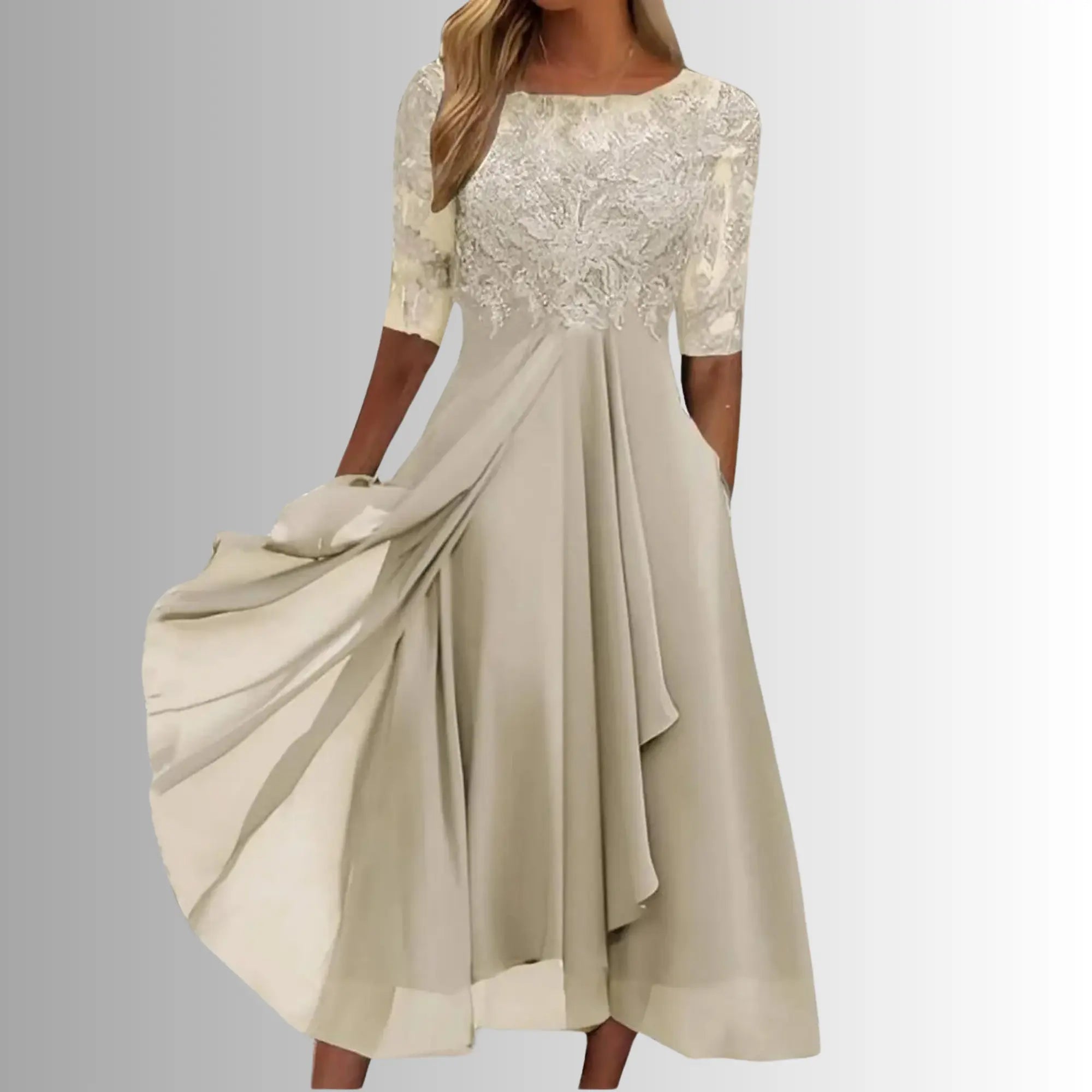 Oaklyn Lace Tea Length Dress – Round Neck Elbow Sleeve Formal Elegance oaklynwear