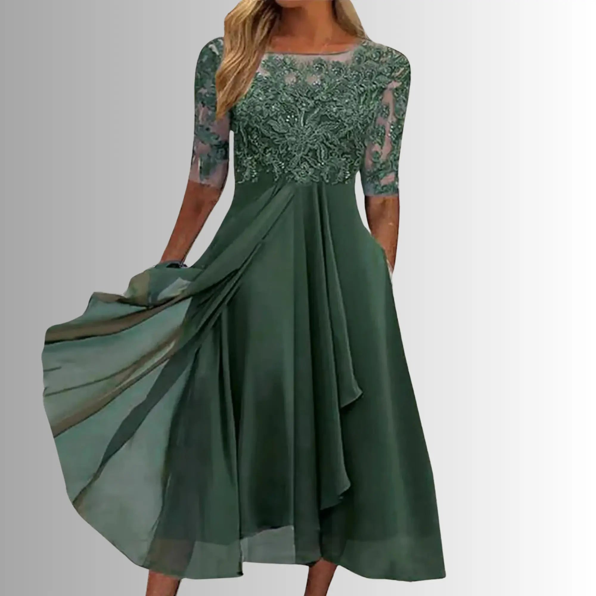 Oaklyn Lace Tea Length Dress – Round Neck Elbow Sleeve Formal Elegance oaklynwear