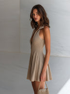 ElevenOra Chic Elegant Camel Zipper-Front Lapel Collar Sleeveless Tailored Waist Pleated A-Line Ribbed Knit Mini Dress oaklynwear