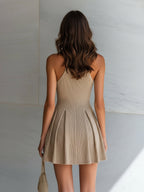 ElevenOra Chic Elegant Camel Zipper-Front Lapel Collar Sleeveless Tailored Waist Pleated A-Line Ribbed Knit Mini Dress oaklynwear