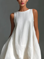 Vera | Women's White Linen Fabric Sleeveless Midi Dress With Round Neck & Asymmetric Hem oaklynwear