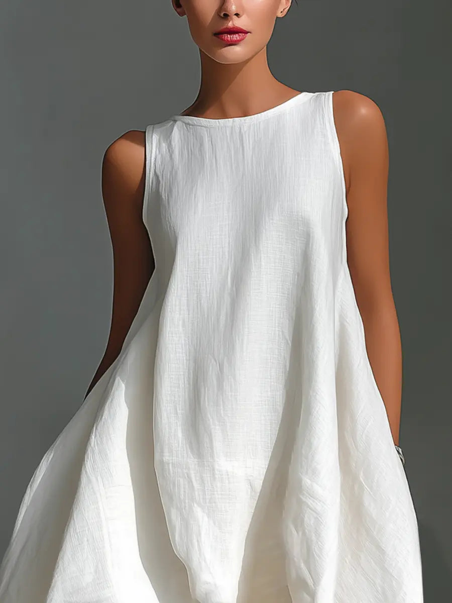 Vera | Women's White Linen Fabric Sleeveless Midi Dress With Round Neck & Asymmetric Hem oaklynwear